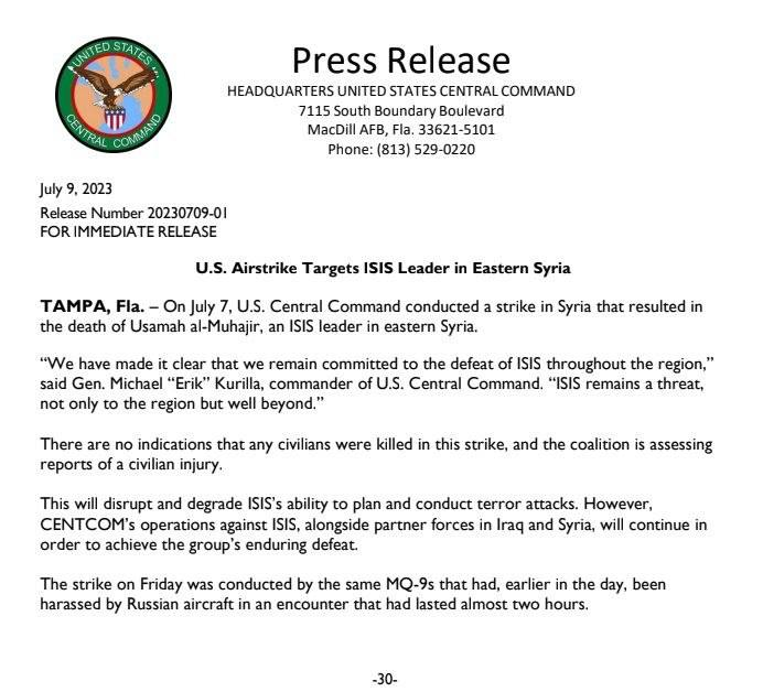 آمریکا مدعی کشتن ۱ سرکرده داعش در سوریه شد